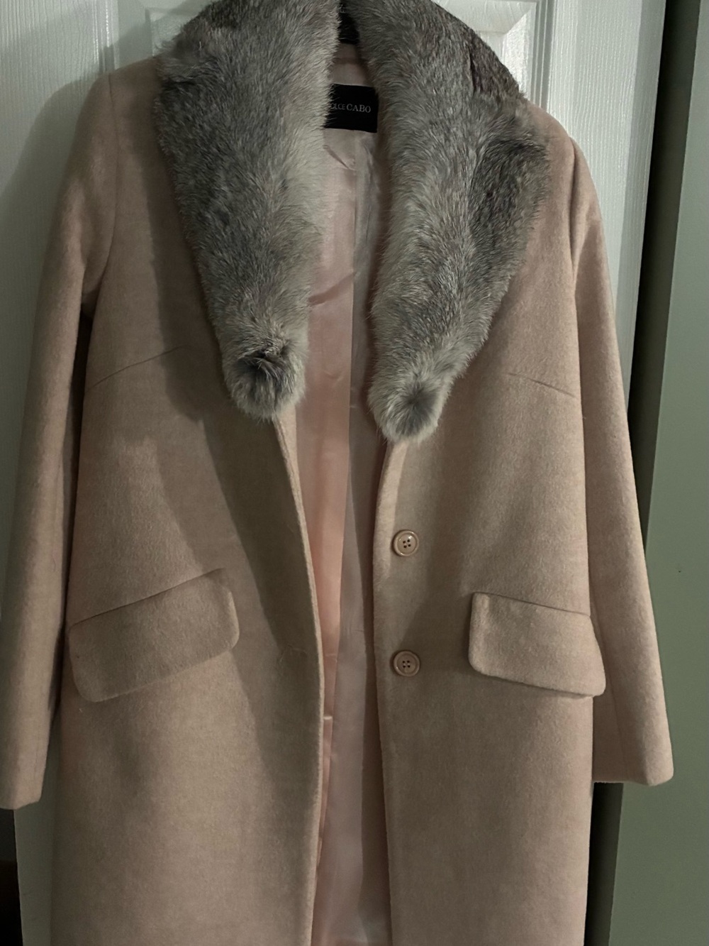 Dolce Cabo Blush Pink Wool Pea Coat with Gray Faux Fur Collar